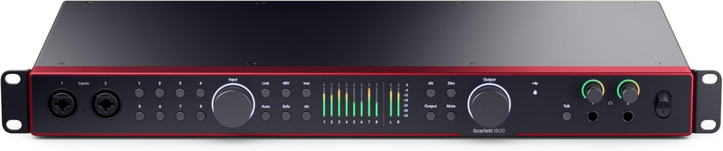 Il pannello frontale della nuova interfaccia audio Focusrite Scarlett 18i20 4th Gen con LED halo