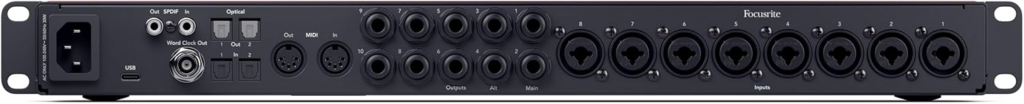 Connessioni posteriori della Focusrite Scarlett 18i20 4th Gen inclusi ingressi combo, uscite monitor e ADAT
